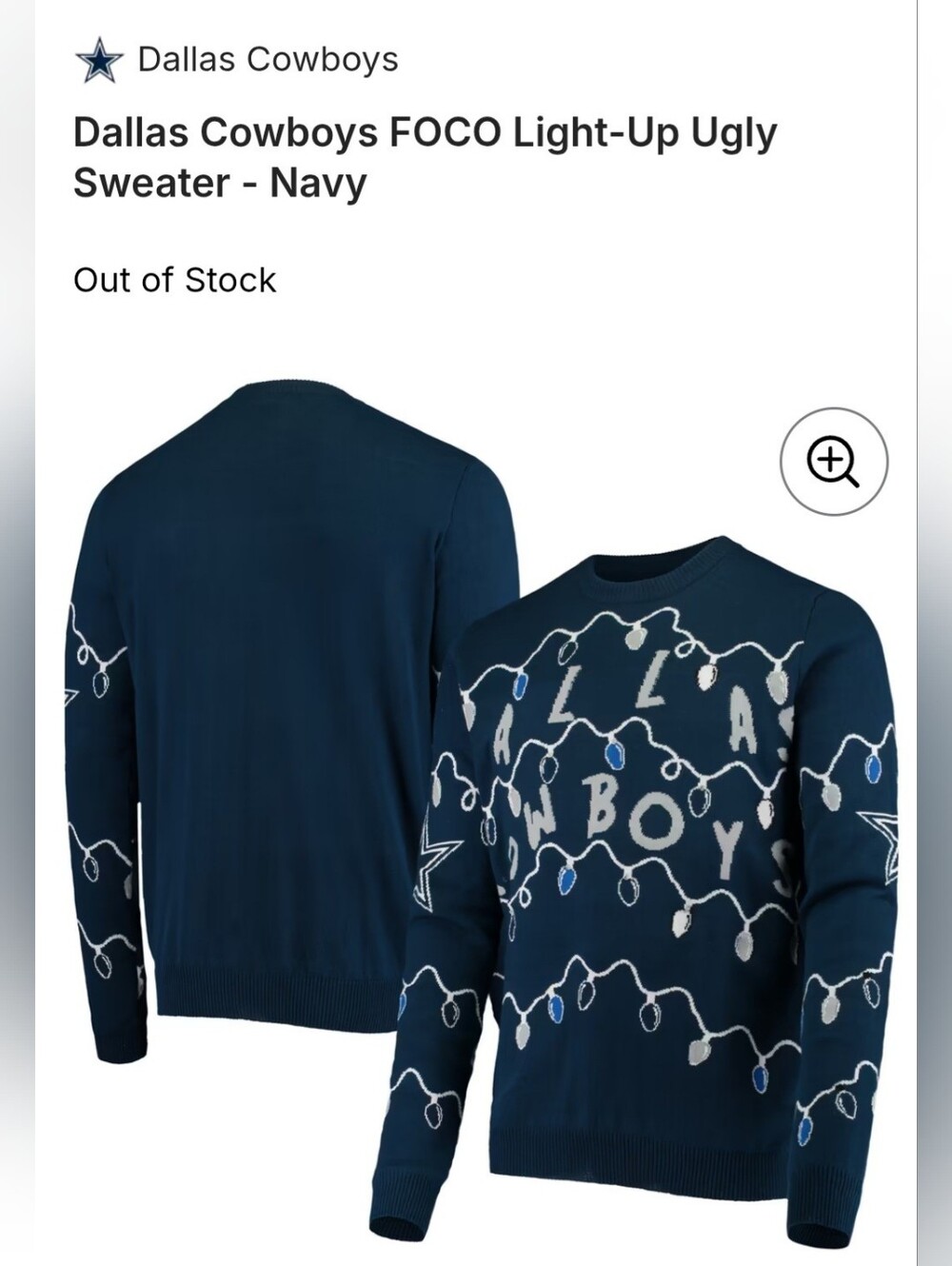 NNT NFL FOCO Men's Dallas Cowboys Navy Crewneck Light-Bulb Knit Sweater